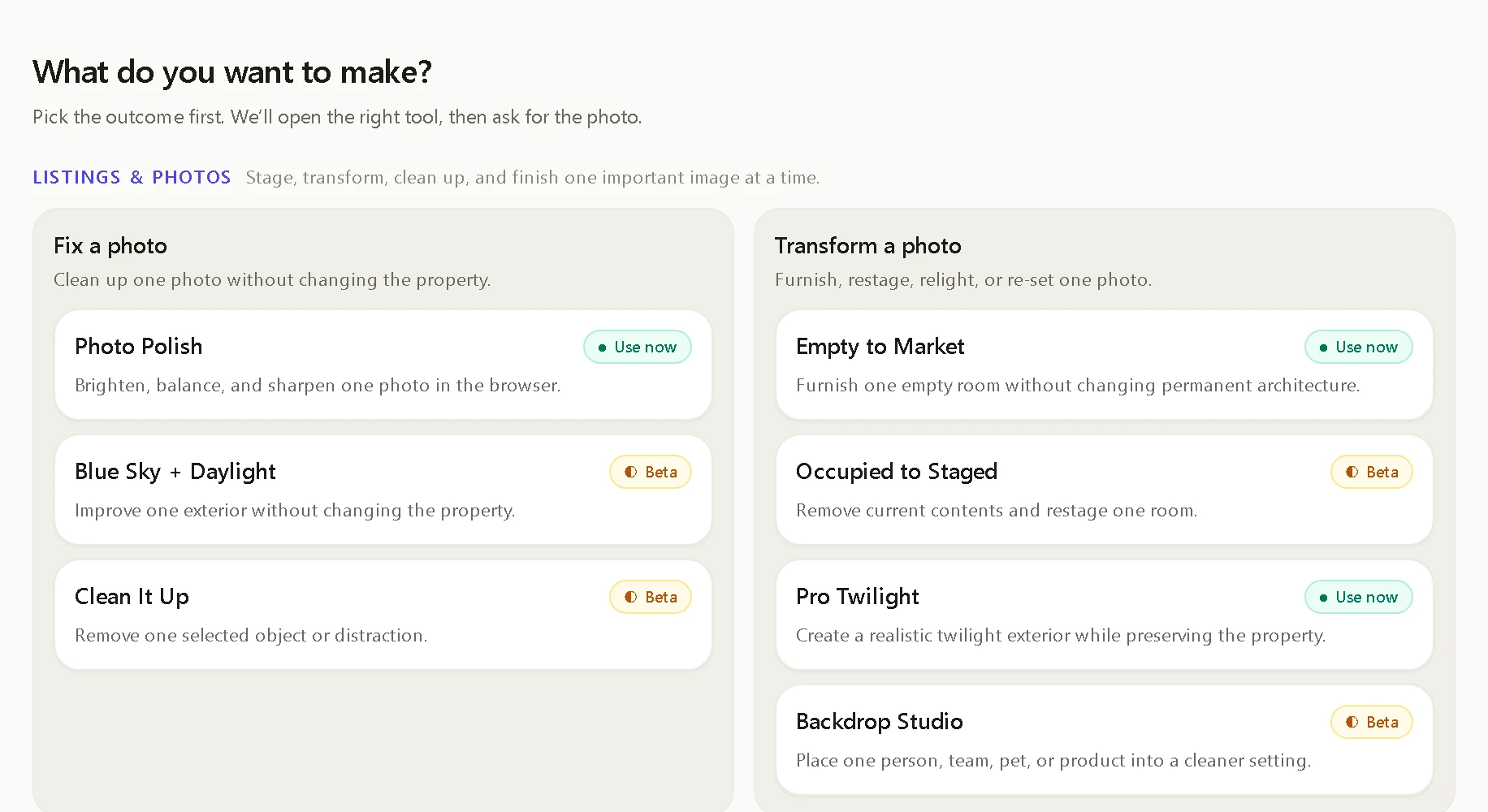 CuppMedia AI Studio outcome chooser: Fix a photo and Transform a photo, each tool tagged Use now or Beta