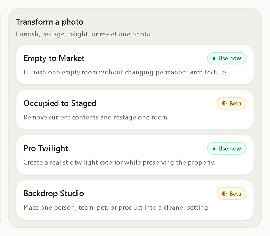 CuppMedia AI Studio outcome cards: Empty to Market and Pro Twilight marked Use now, Occupied to Staged and Backdrop Studio marked Beta