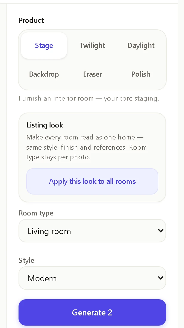 CuppMedia AI Studio tool rail: Stage, Twilight, Daylight, Backdrop, Eraser and Polish, with room type and style controls