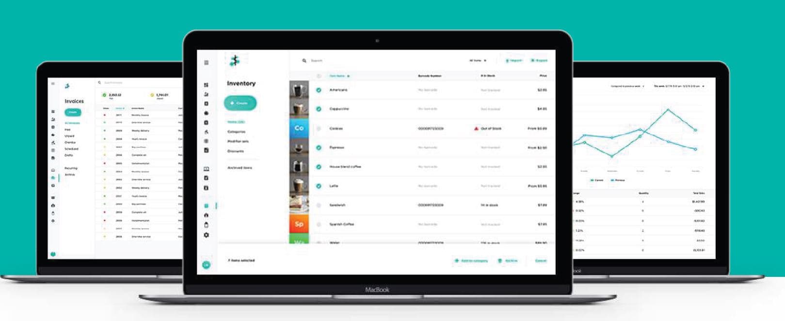 Payments Hub dashboard on three laptops — invoices, inventory, and sales reporting screens